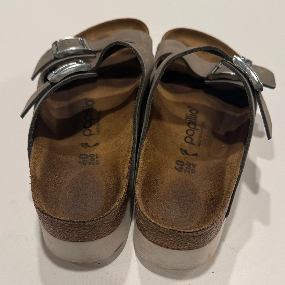 Papillio Taupe Double Strap Sandals with Silver Buckles